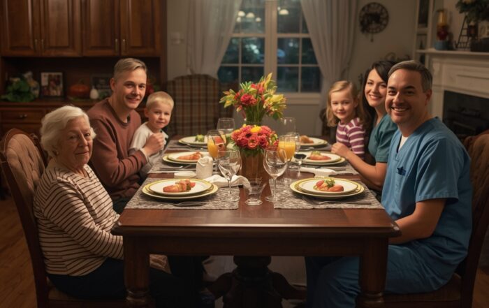 image depicting an elderly person at their dining room table for thanksgiving with their family and a patheous speech language pathologist specializing in dysphagia care management