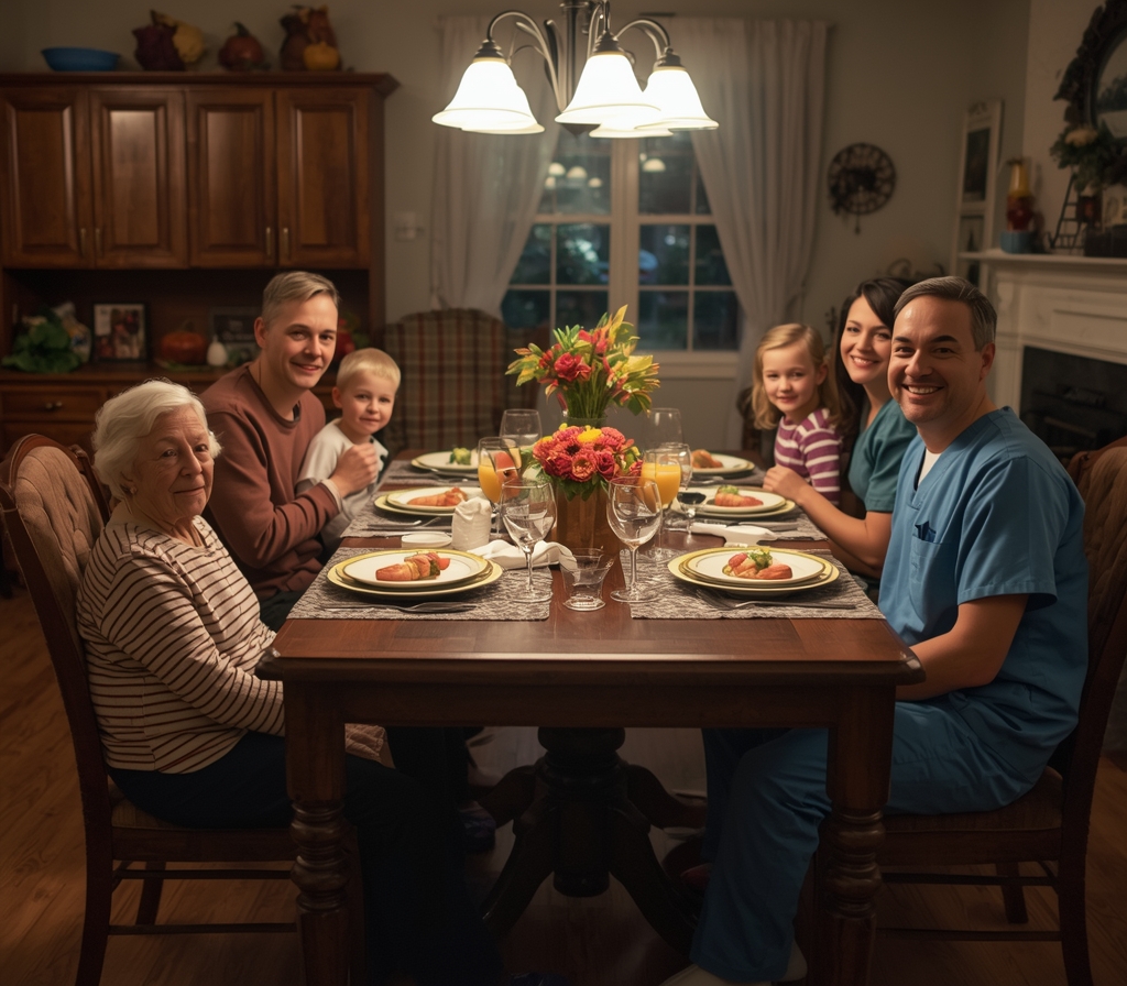 image depicting an elderly person at their dining room table for thanksgiving with their family and a patheous speech language pathologist specializing in dysphagia care management