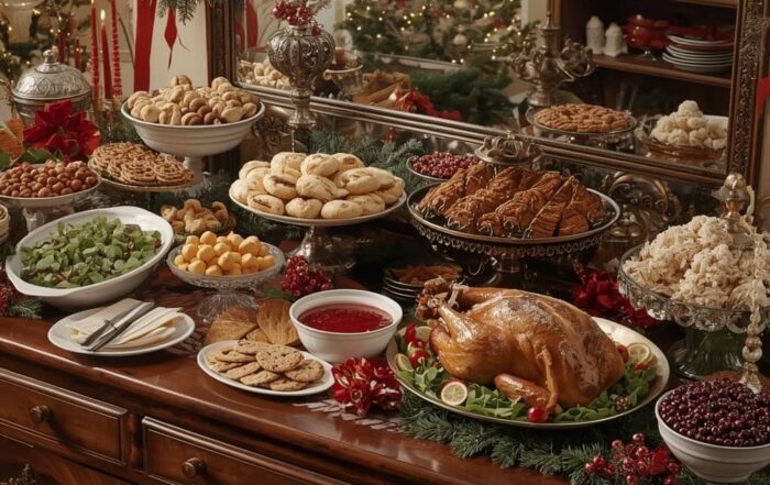 a dining room buffet side table that is decorated for the holidays and features foods for senior care team members and dysphagia patients