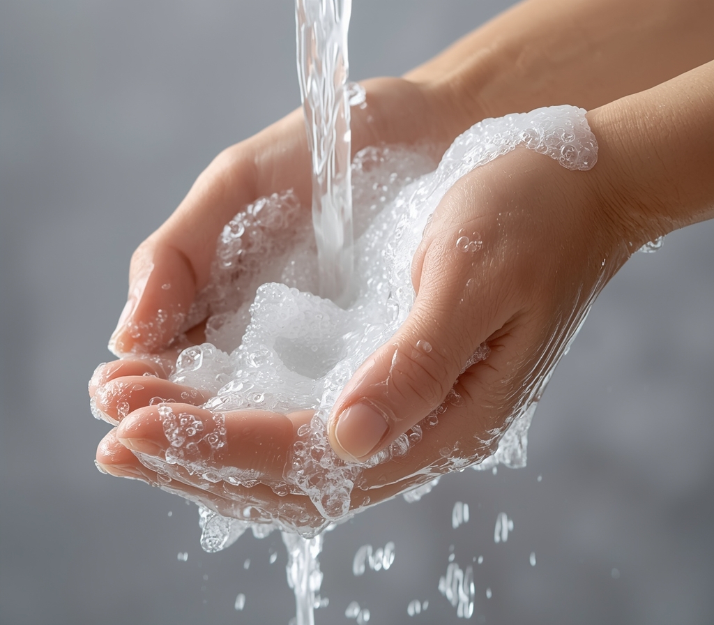 a closeup of a speech language pathologist washing their hands to ensure patient safety while administering dysphagia care